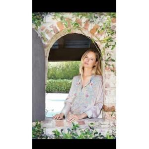 Biya Johnny Was Reanne Embroidered Pastel Boho Artsy Tunic Blouse Top Medium